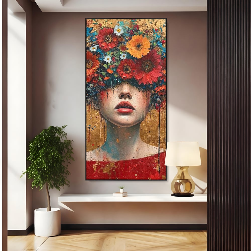 Tablou canvas cu tablou canvas cu portret de femeie si flori, in rama de aluminiu negru